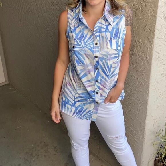 Lularoe Roxanne Snap Button Tank Palm Leaves Print - Size Small - Picture 2 of 3